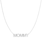 A Pavé MOMMY Necklace in white gold on a cable chain on a white background. 