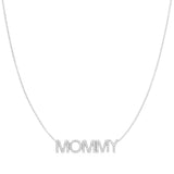 A Pavé MOMMY Necklace in white gold on a cable chain on a white background. 