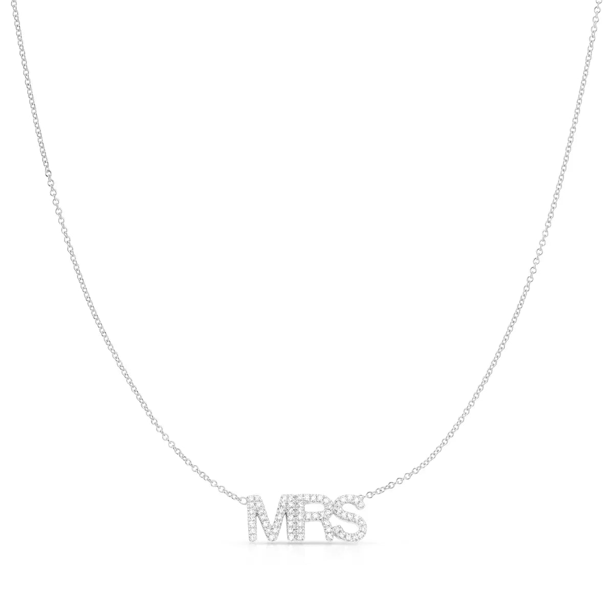 A Pavé MRS Necklace in white gold with a cable chain on a white background. 