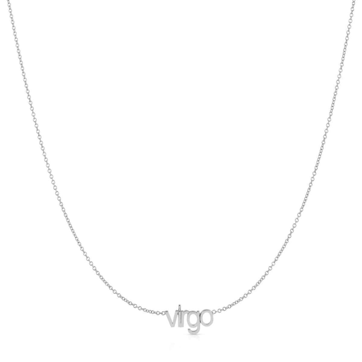 Petite Zodiac Necklace ‘virgo’ in white gold on a white background.