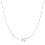 Petite Zodiac Necklace ‘virgo’ in white gold on a white background.