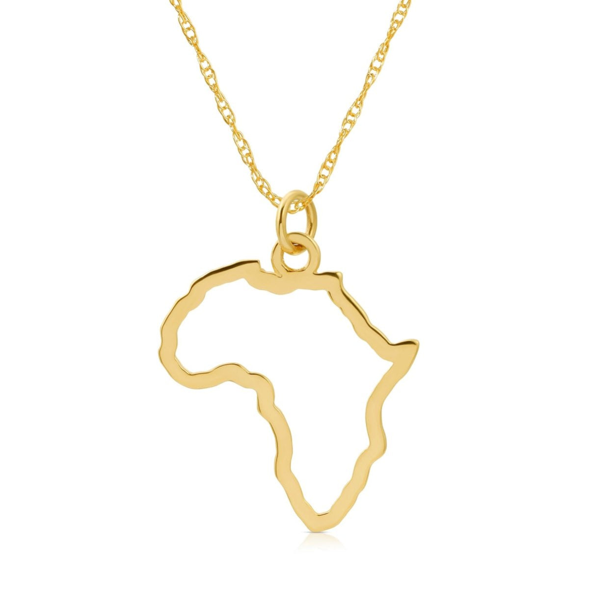 An Africa necklace in yellow gold on a white background. 