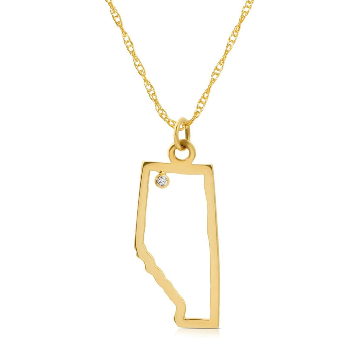 An Alberta necklace in yellow gold with a diamond on a white background. 