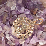 The Zodiac Necklace - Aquarius pendant laid on top of small purple crystal stones. 
