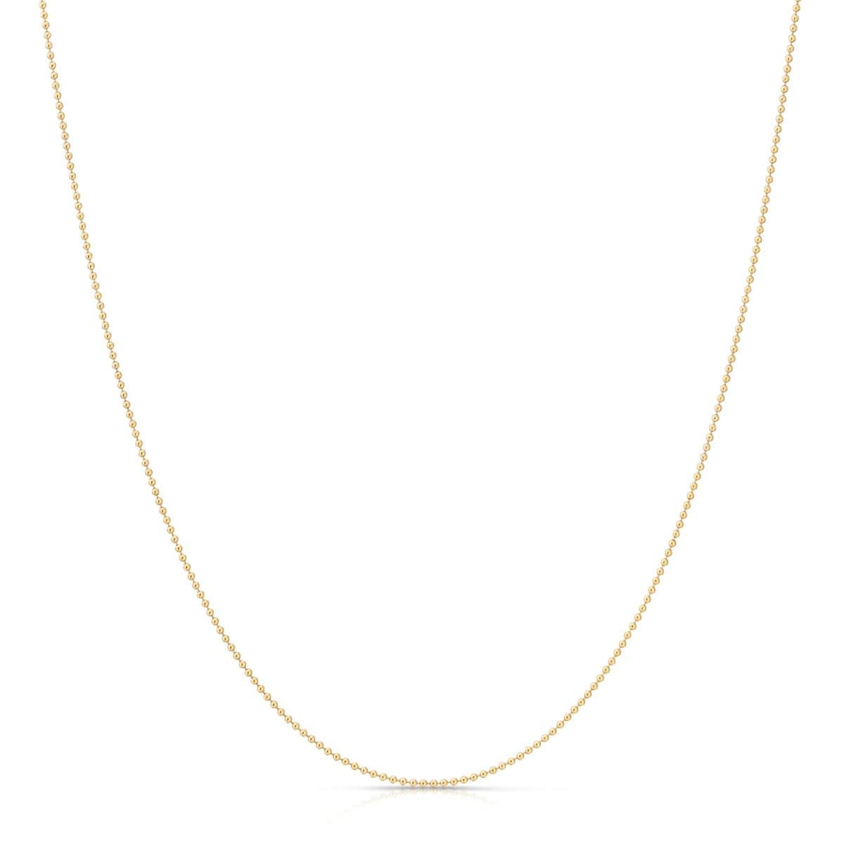 A Classic Bead Chain in yellow gold on a white background. 
