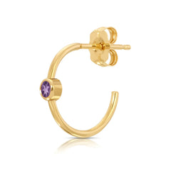 A yellow gold Birthstone Hoop in Amethyst on a white background.