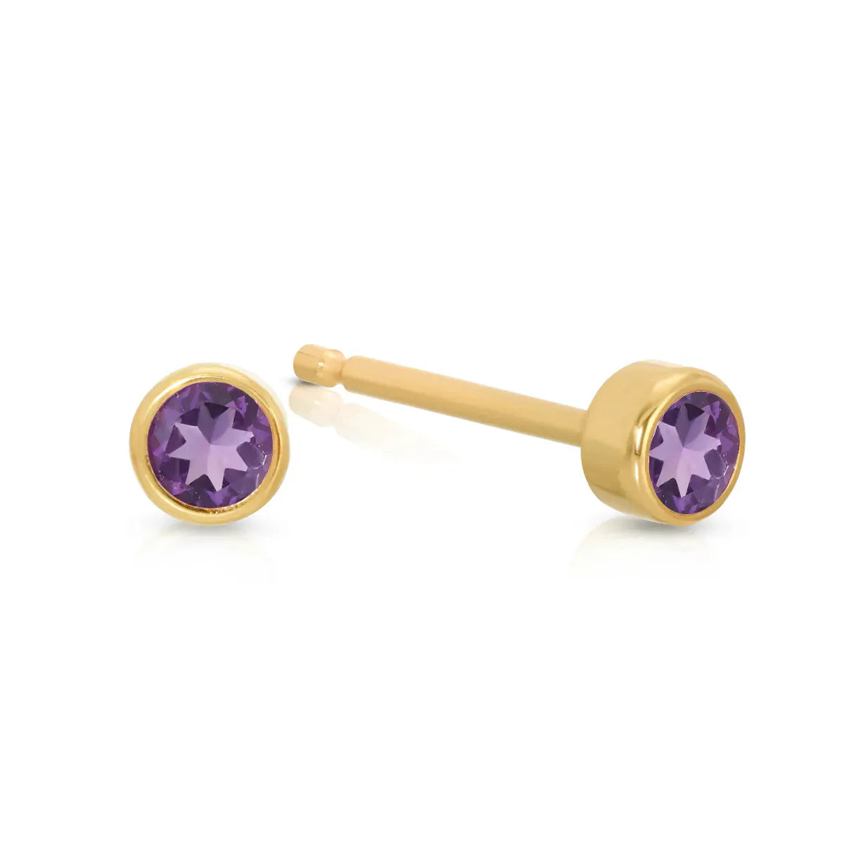 A pair of Birthstone Studs - Amethyst (February) in yellow gold on a white background.