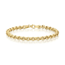 A Rolo Bracelet in yellow gold on a white background.