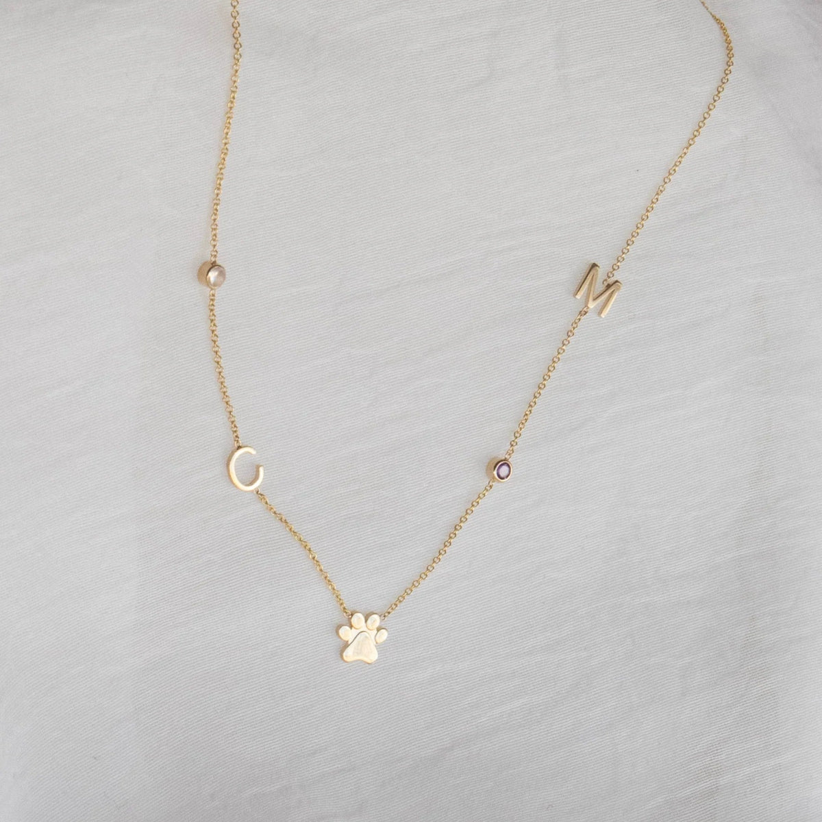 A Custom Gold Necklace in yellow gold with five charms, two birthstones, the letters C and M, and a paw, on a neutral background.