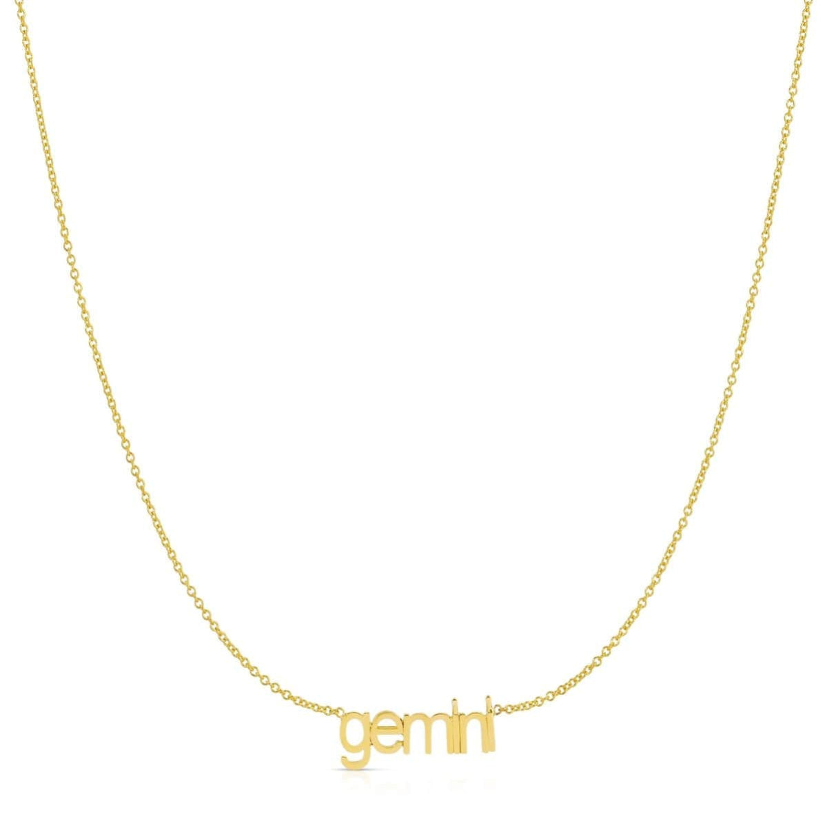Petite Zodiac Necklace ‘gemini’ in yellow gold on a white background.