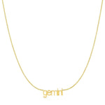Petite Zodiac Necklace ‘gemini’ in yellow gold on a white background.
