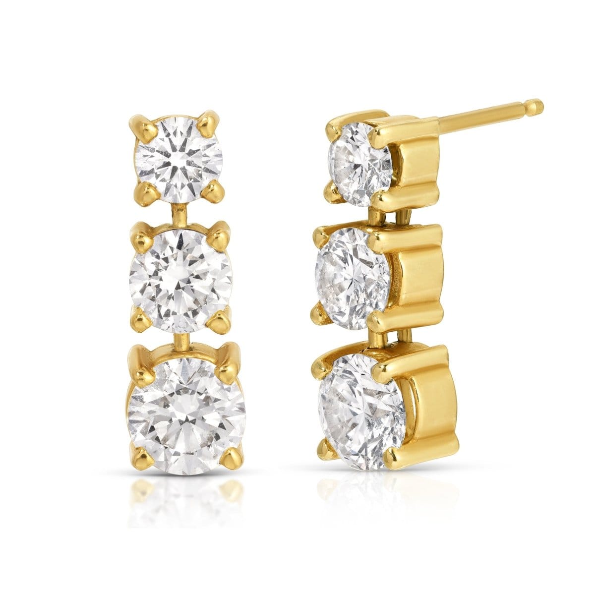 A pair of Triple Sec Diamond Earrings in yellow gold on a white background. 