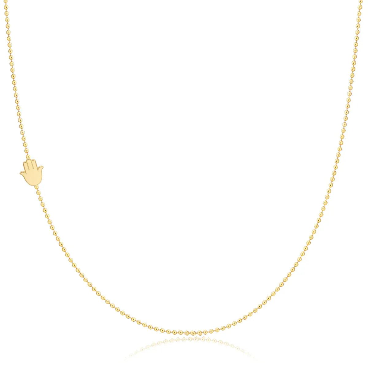 A yellow gold 14k Gold Asymmetrical Charm Necklace - Hamsa with a bead chain on a white background. 