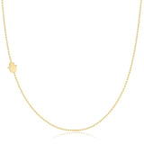A yellow gold 14k Gold Asymmetrical Charm Necklace - Hamsa with a bead chain on a white background. 