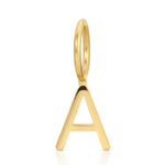 A Gold Letter Charm in yellow gold in the letter A on a white background. 