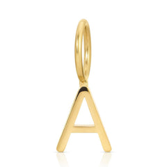 A Gold Letter Charm in yellow gold in the letter A on a white background. 