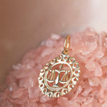 The Zodiac Necklace - Libra pendant laid on top of pink crystals. 