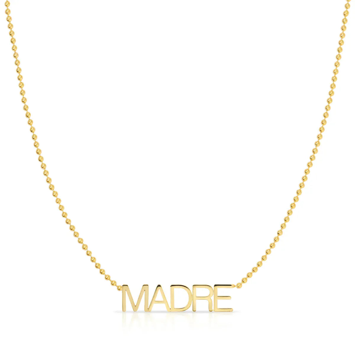 A Madre Necklace in yellow gold on a bead chain on a white background.