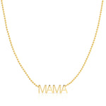 A MAMA Necklace in yellow gold with a bead chain on a white background. 