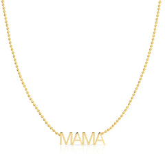 A MAMA Necklace in yellow gold with a bead chain on a white background. 