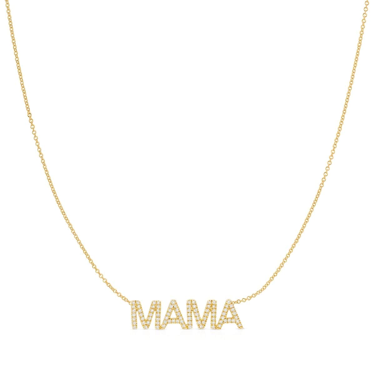 A Pavé MAMA Necklace in yellow gold on a cable chain on a white background. 