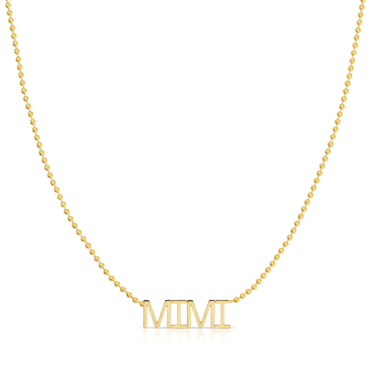 A MIMI Necklace in yellow gold on a bead chain on a white background.