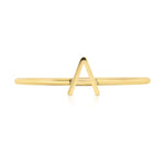 A yellow gold mini letter A ring on a white background. 