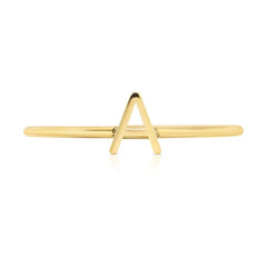 A yellow gold mini letter A ring on a white background. 