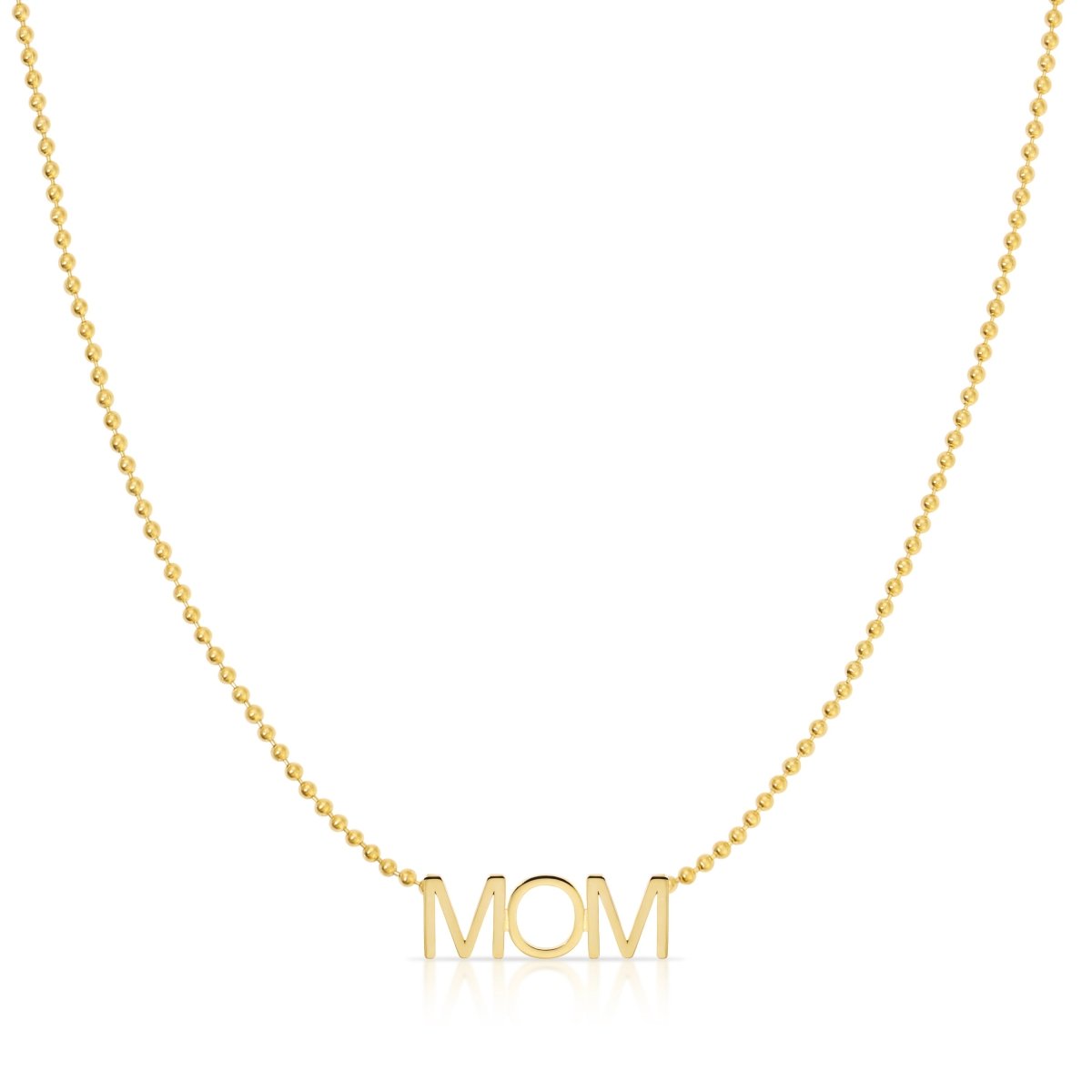A MOM Necklace in yellow gold on a bead chain on a white background. 