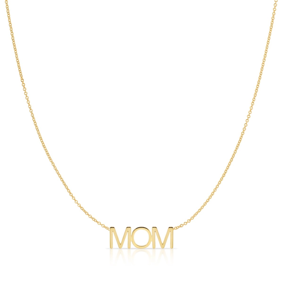 A MOM Necklace in yellow gold on a cable chain on a white background. 