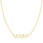 A MOMMY Necklace in yellow gold on a bead chain on a white background. 