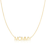 A MOMMY Necklace in yellow gold on a cable chain on a white background. 