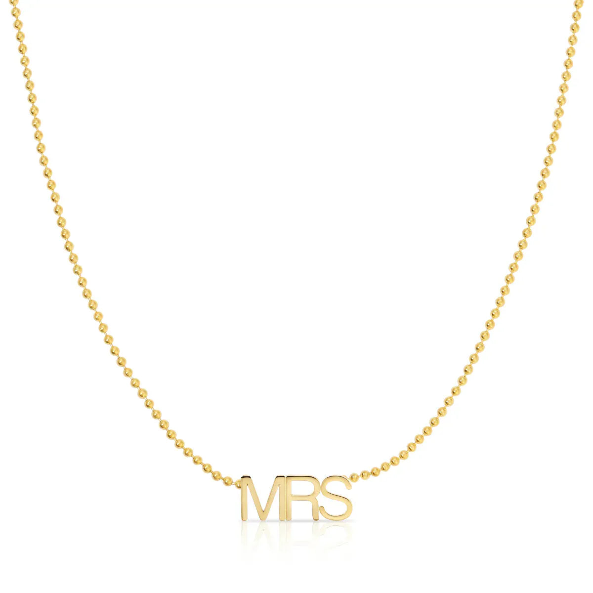 A MRS Necklace in yellow gold on a bead chain on a white background. 