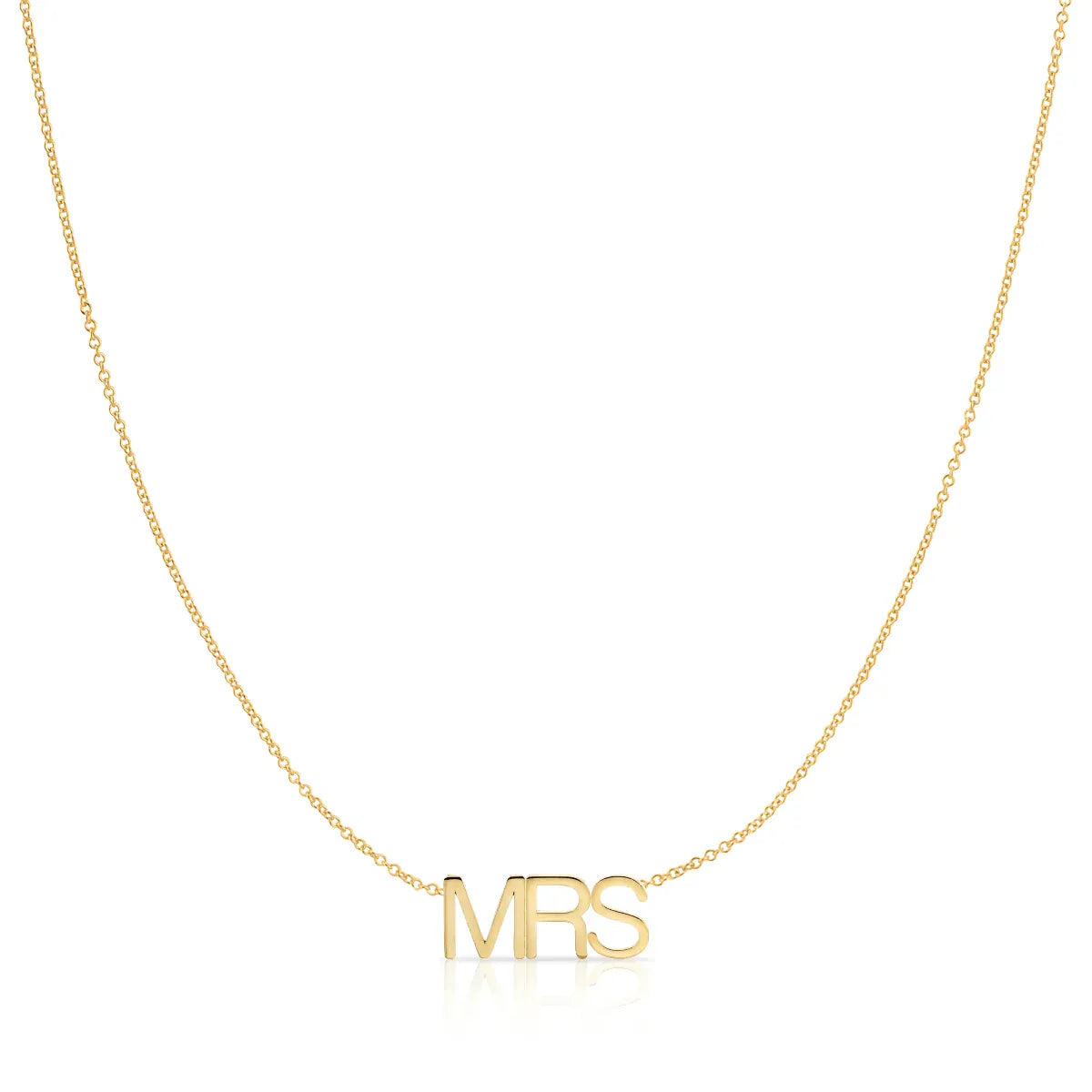 A MRS Necklace in yellow gold on a cable chain on a white background. 