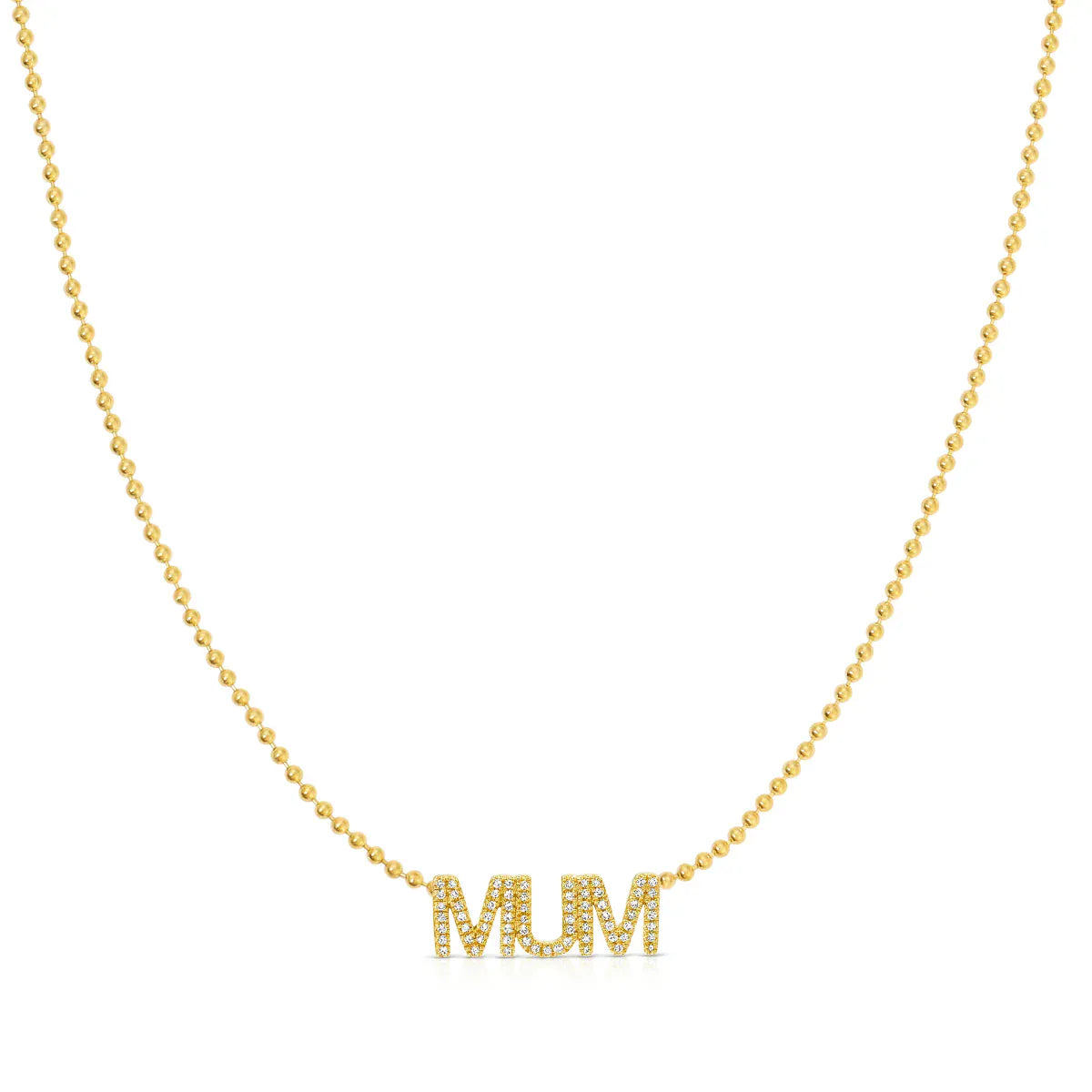 A Pavé MUM Necklace in yellow gold on a bead chain on a white background. 