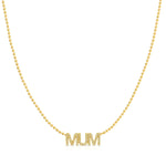 A Pavé MUM Necklace in yellow gold on a bead chain on a white background. 