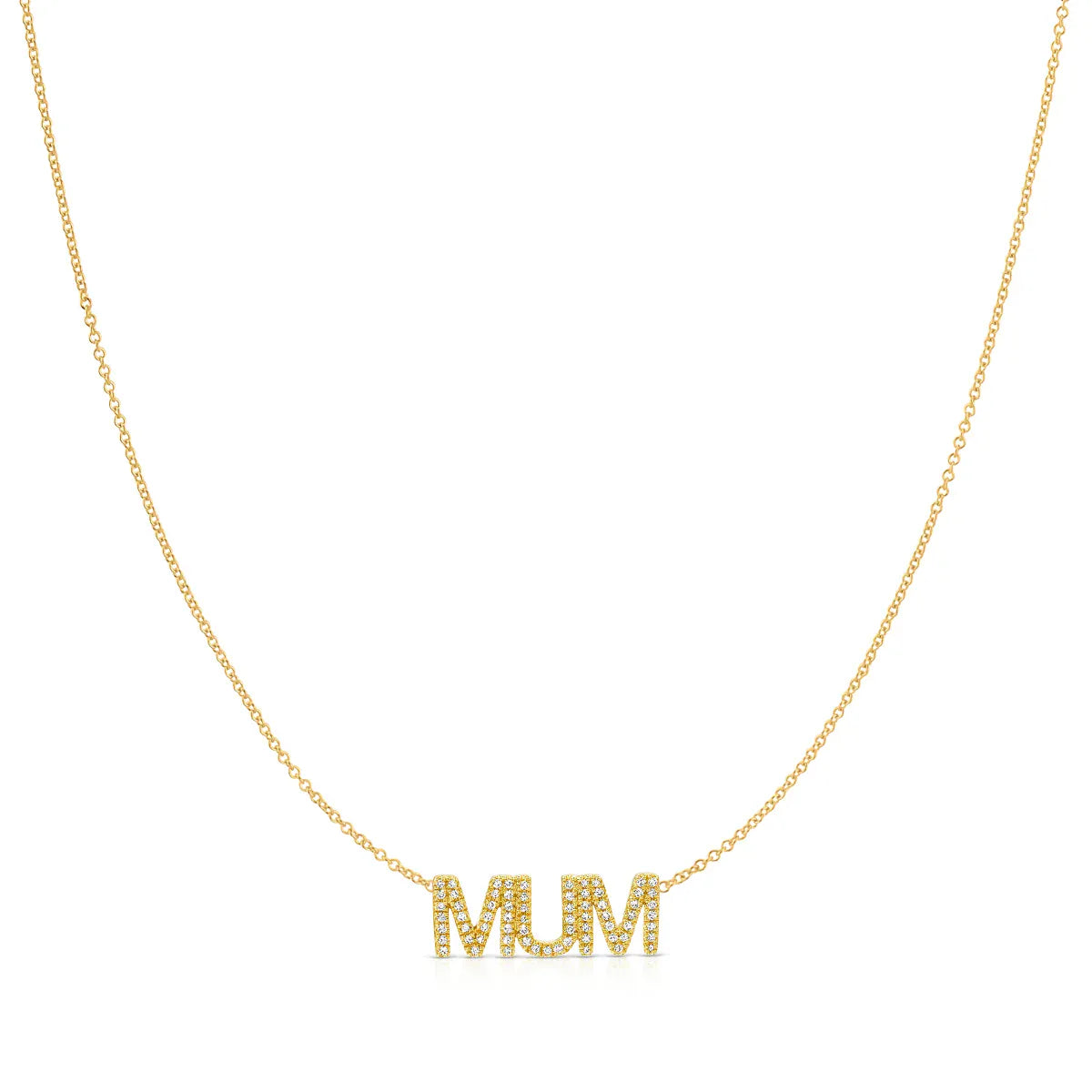 A Pavé MUM Necklace in yellow gold on a cable chain on a white background. 
