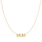 A Pavé MUM Necklace in yellow gold on a cable chain on a white background. 