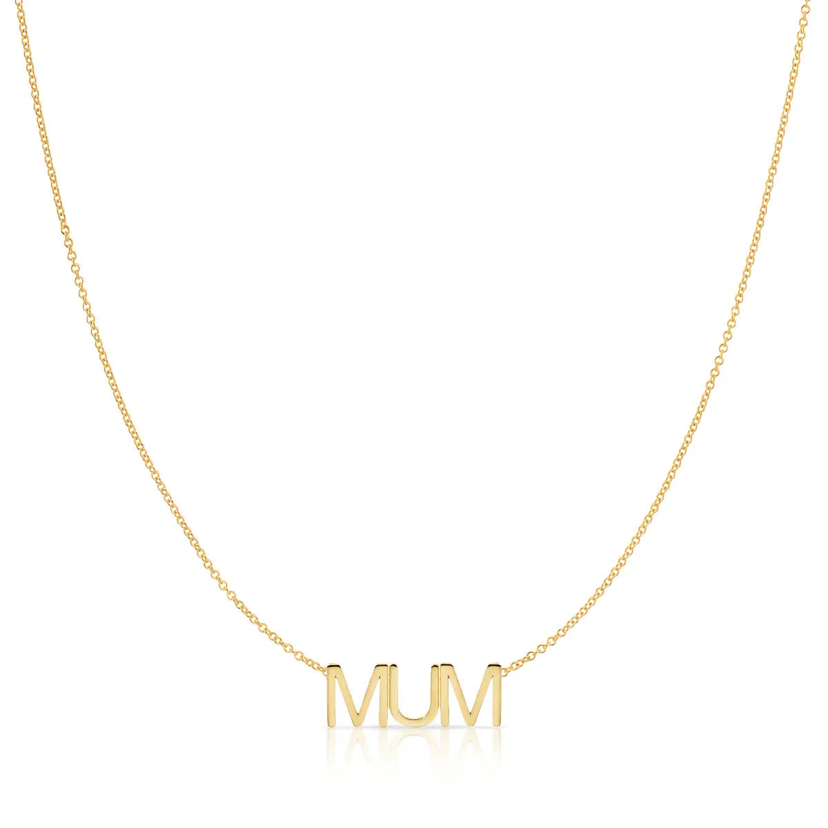 A MUM Necklace in yellow gold on a cable chain on a white background. 