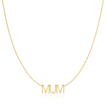 A MUM Necklace in yellow gold on a cable chain on a white background.