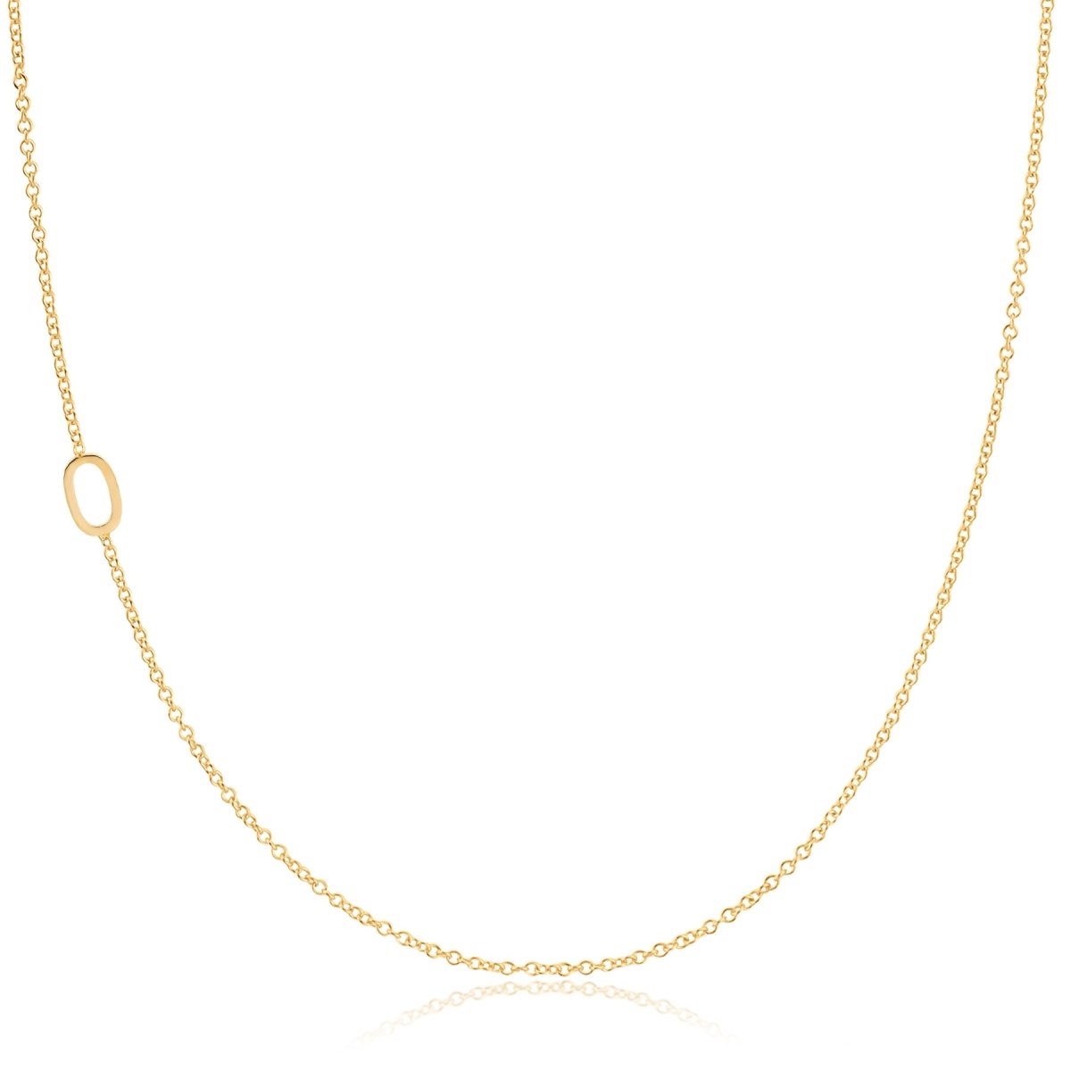 A 14k Gold Asymmetrical Number Necklace - 0 in yellow gold on a white background. 