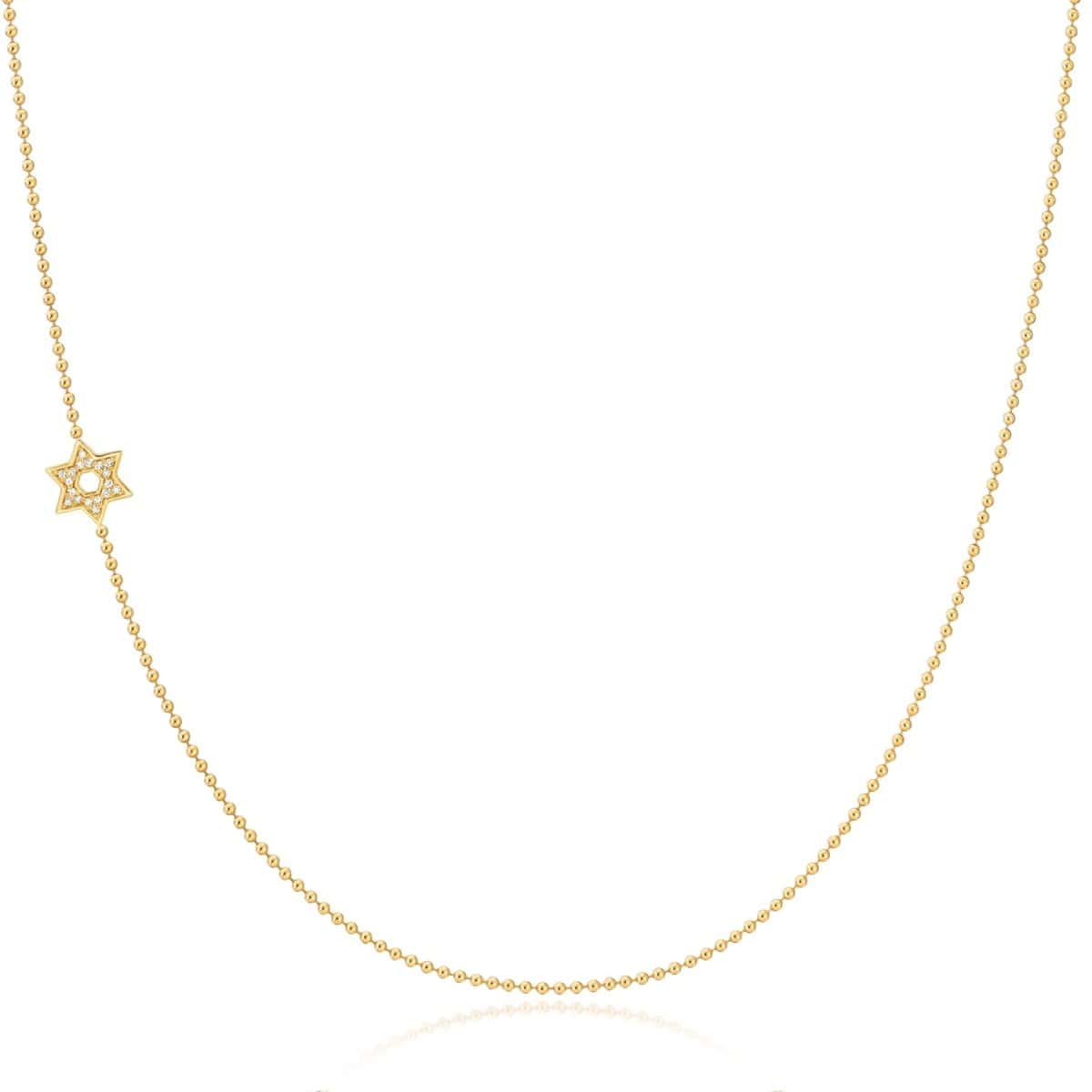 A yellow gold 14k Gold Asymmetrical Charm Necklace - Pavé Star of David with a bead chain on a white background. 