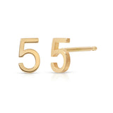 A pair of 14K Gold Number Studs in 5 and yellow gold on a white background. 