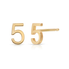 A pair of 14K Gold Number Studs in 5 and yellow gold on a white background. 