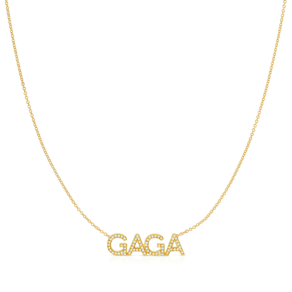 A Pavé 'GAGA' Necklace in yellow gold on a cable chain on a white background.