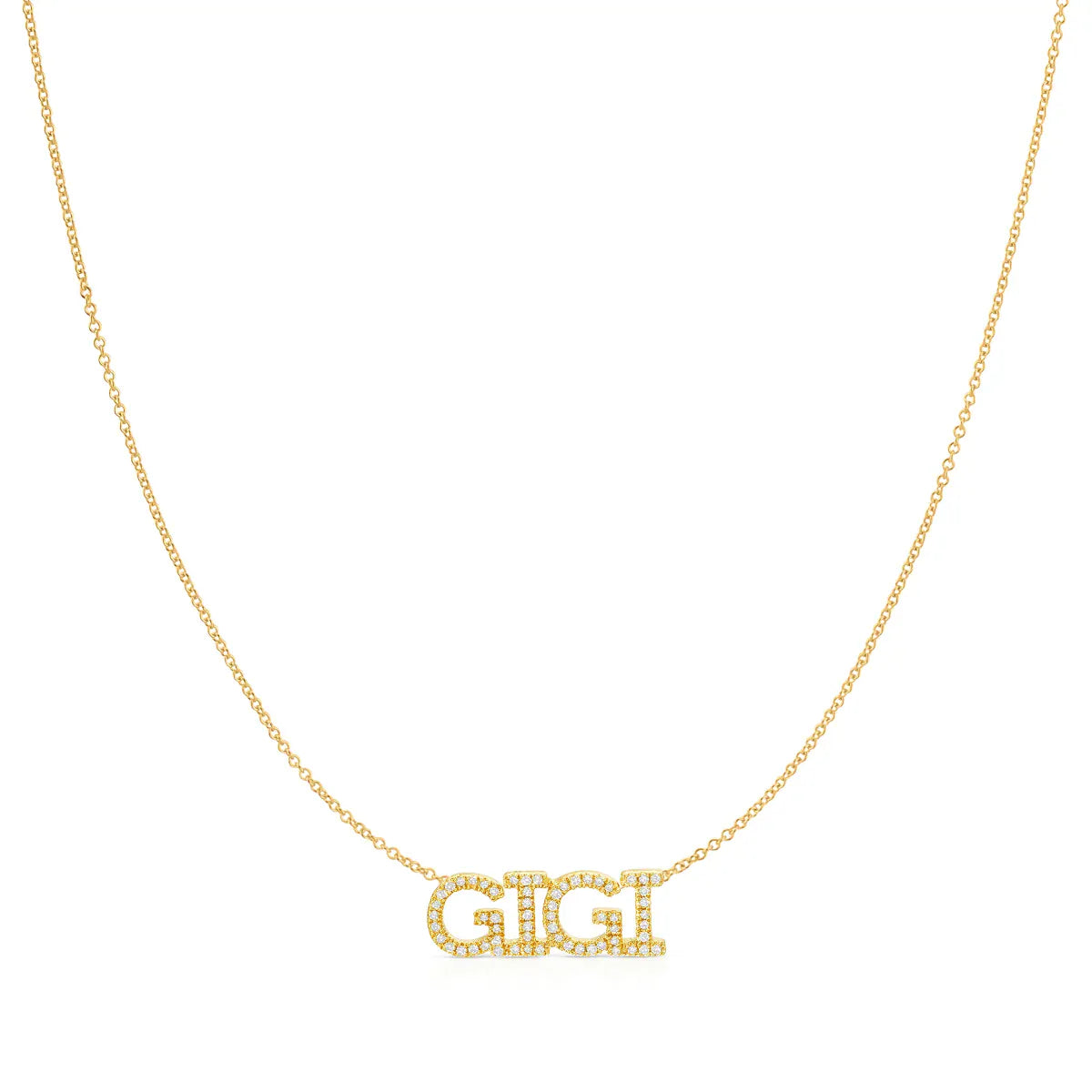A Pavé 'GIGI' Necklace in yellow gold on a cable chain on a white background.
