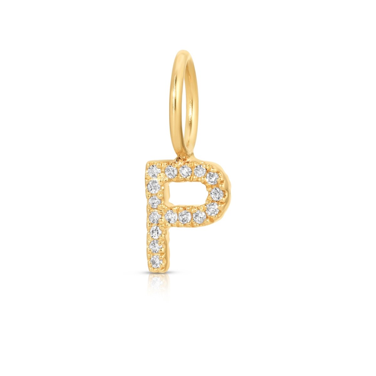 A yellow gold Pavé Letter Charm in P on a white background.