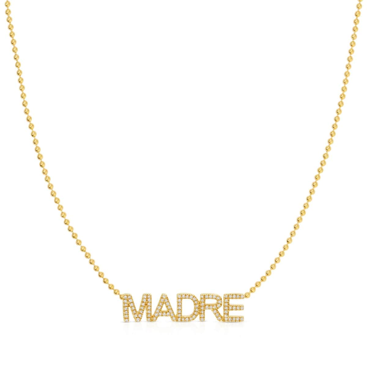 A Pavé 'Madre' Necklace in yellow gold on a bead chain on a white background.