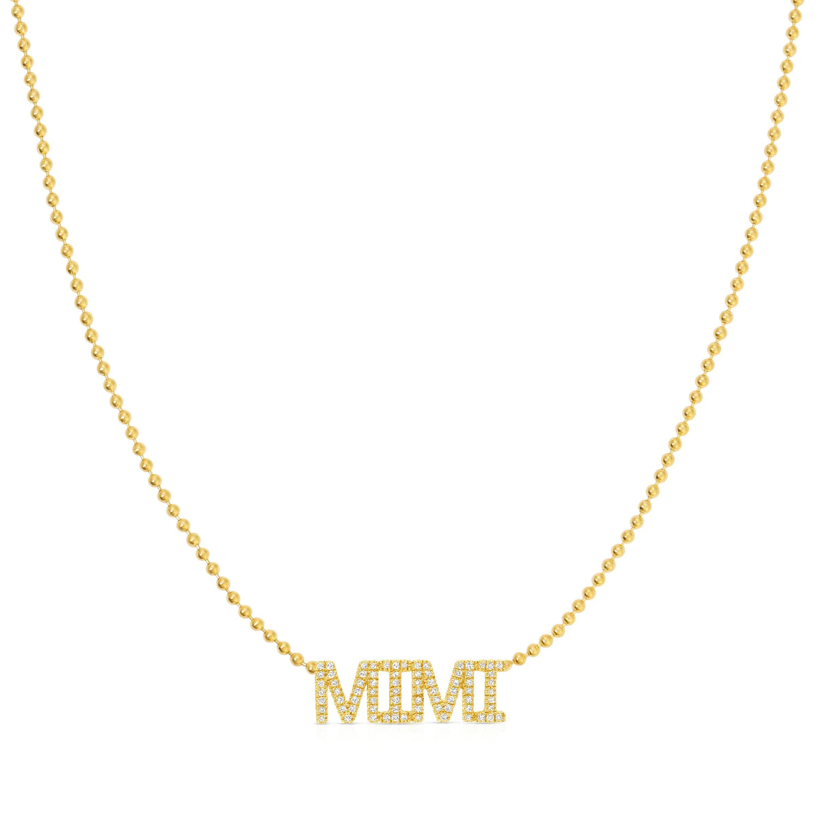 A Pavé MIMI Necklace in yellow gold on a bead chain on a white background.
