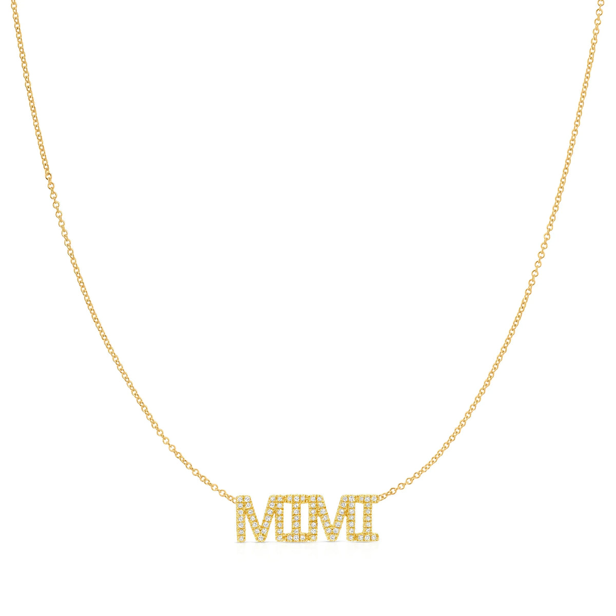 A Pavé MIMI Necklace in yellow gold on a cable chain on a white background.